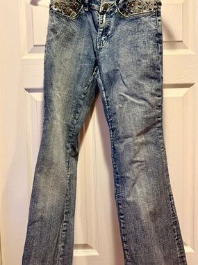 Cache Women's Light Blue Flared Jeans with Embellished Waist